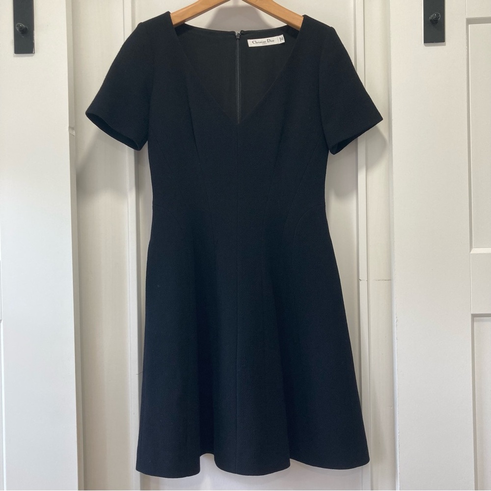Christian Dior Black Wool V-Neck Flared Mini Dress Size 4 US / 36 FR